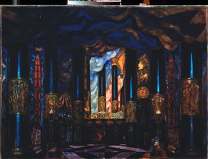 Bühnenbild für das Theaterstück Die andere Seite des Lebens von J. Benavente