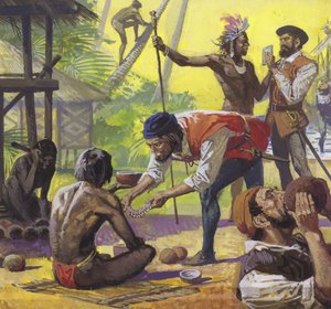 Magellans Männer treffen freundliche Einheimische auf den Philippinen und handeln mit Lebensmitteln von Severino Baraldi
