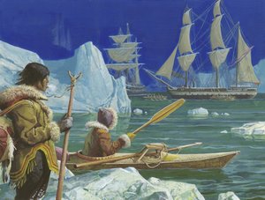 Unidentifiziertes Bild von Eskimos (einer im Kajak) mit Segelschiff im Hintergrund