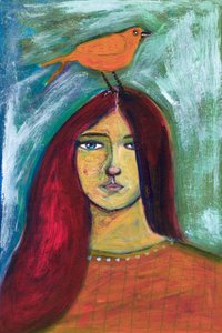 Frau mit Orangenem Vogel
