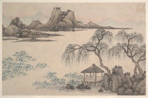 Landschaft mit Pavillon und Weiden von Shen (attr.to) Zhou