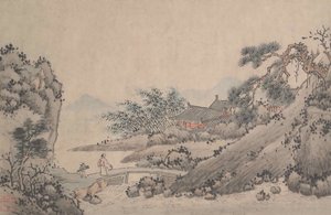 Landschaft mit Mann, der eine Brücke überquert von Shen Zhou