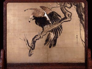 Karpfen in Wellen (Zeshin) und Adler auf einem Ast (Rosetsu Rückseite)