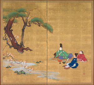 Narihira betrachtet die Kirschblüten, Zweiteilige Faltwand, späte 1800er von Shibata Zeshin