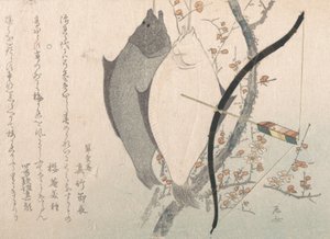 Heilbutte und ein Bogen mit Pfeil, der an einem Pflaumenbaum hängt, 19. Jahrhundert von Shinsai