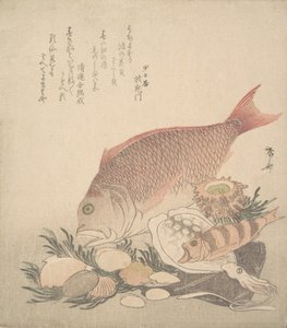 Große und kleine Fische schwimmen zwischen Muscheln und Moos am Meeresboden, ca. 1830 von Shinsai