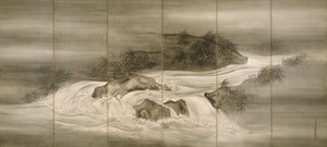 Flusslandschaft mit Glühwürmchen, 1874 von Shiokawa Bunrin