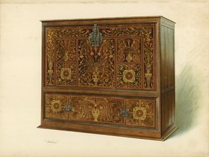 Schrank mit Marketerie eingelegt, Eigentum von Sir George Donaldson von Shirley Charles Llewellyn Slocombe