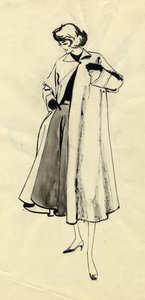 Frau im Mantel und weitem Rock, um 1950