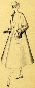 Frau im Staubmantel und spitzem Hut, ca. 1952