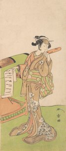Der Schauspieler Iwai Hanshiro IV in Frauenrolle, stehend neben einer Sänfte, 1726-1792