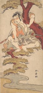 Der Schauspieler Otani Hiroemon III beobachtet von den Ästen einer Kiefer...