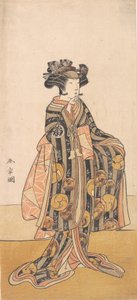 Yoshizawa Iroha als Frau Tomoe Gozen am Ufer stehend, 1774 oder 1775