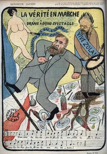 Dreyfus-Affäre - Monsieur Jaurès - La Vérité en marche, Drama mit großem Spektakel - Es lebe Dreyfus, Es lebe Zola, nieder mit der Armee - Jean Jaurès tanzt die Carmagnole vor Emile Zola und seiner Trommel. Karikatur von BOB (1850-1932) für Le Lire vom 4.1