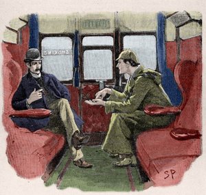 Silver Blaze: Sydney Pagets Illustration eines Sherlock-Holmes-Abenteuers. Der berühmte Detektiv wird mit Dr. Watson in einem Zug dargestellt. Veröffentlicht im „The Strand Magazine“. Geschichte von Conan Doyle. 1892