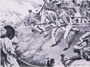Die Schlacht von Dubba, 24. März 1843, Illustration aus British Battles on Land and Sea, 1915