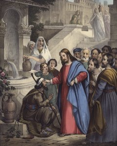 Jesus gibt einem Blindgeborenen das Augenlicht (Farblithografie)