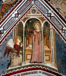 Die Verkündigung Fresko der Kapelle der Jungfrau, geschaffen von der Schule von Siena im 14. Jahrhundert - Kloster St. Benedetto (Sacro Speco), Subiaco (Rom), Italien von Sienese School