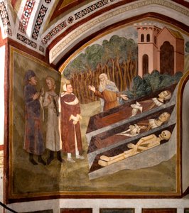 Das Treffen der drei Lebenden und der drei Toten (oder Dikt) Die drei Lebenden und ein Einsiedler vor den drei Särgen, die Leichen in verschiedenen Stadien der Verwesung präsentieren. Detail eines Freskos der Schule von Siena (14. Jahrhundert) 1363-1366 Kl