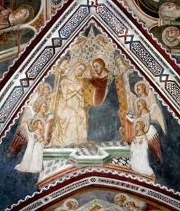 Die Krönung der Jungfrau. Fresko der Kapelle der Jungfrau, ausgeführt von der Schule von Siena im 14. Jahrhundert - Kloster von San Benedetto (Sacro Speco), Subiaco (Rom), Italien