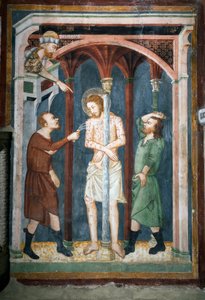 Die Geißelung (Fresko der Schule von Siena, 14. Jahrhundert, Oberkirche, Kloster von San Benedetto)