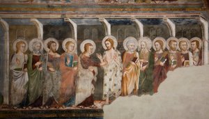 Der ungläubige Apostel Thomas. Fresko der Schule von Siena. 14. Jahrhundert. Obere Kirche. Kloster von San Benedetto (Sacro Speco), Subiaco (Rom), Italien von Sienese School
