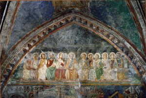 Die zwölf Apostel (Detail) eines Freskos der Schule von Siena. 14. Jahrhundert. Kloster St. Benedikt (Sacro Speco), Obere Kirche in Subiaco (Rom), Italien