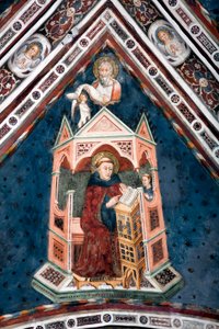 Detailansicht eines Freskos, das eines der Gewölbe der Oberkirche schmückt und die vier Ärzte der römischen Kirche darstellt: Gregor I. der Große und der Evangelist Matthäus von Sienese School