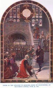Angebot der Königswürde an Richard Herzog von Gloucester im Baynards Castle, 26. Juni 1483, aus Cassells Geschichte des britischen Volkes veröffentlicht von der Waverley Book Company Limited, ca. 1940 von Sigismund Christian Hubert Goetze