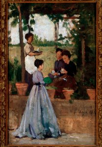 Italienische Damen trinken Kaffee unter der Pergola