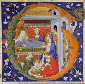 Manuskript-Illumination mit der Geburt der Jungfrau Maria in einem Initial G, aus einem Graduale, Italien, ca. 1
