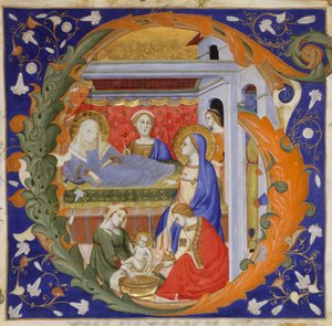 Manuskript-Illumination mit der Geburt der Jungfrau Maria in einem Initial G, aus einem Graduale, ca. 1375