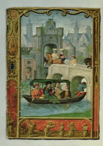 Mai: Eine Bootsfahrt und Bogenschießen, aus einem Stundenbuch, oder dem Golfbuch, ca. 1520-30