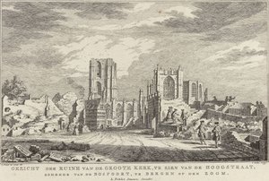 Ruine der Großen Kirche von Bergen op Zoom, 1748 (Zehn Ansichten der Ruinen nach der Belagerung und Zerstörung von Bergen op Zoom) von Simon Fokke