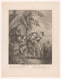Drei Musiker bei einem Haus, davor ein tanzendes Paar von Simon François Ravenet (le vieux)