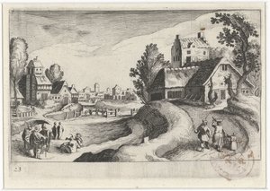 Dorfszene mit einem Bauernhof von Simon Frisius