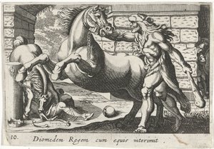 Herkules zähmt die Pferde des Diomedes (Diomedem Regem cum equis, Herculische Themen) von Simon Frisius