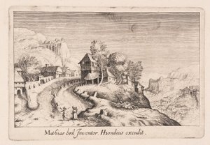 Landschaft mit einem Weg auf einen Berg durch ein Dorf, aus Topographia Variarum Regionum von Simon Frisius