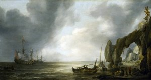 Niederländische Kriegsschiffe vor einer felsigen Küste, einige Besatzungsmitglieder an Land um Fischkörbe versammelt von Simon Jacobsz. Vlieger