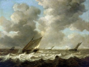 Fischerboote auf rauer See, am Horizont ist die niederländische Küste sichtbar
