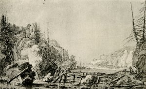 Landschaft mit einem Fluss zwischen bergigen Ufern