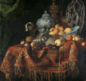 Stillleben mit Früchten, Tellern und Schalen auf einem türkischen Teppich