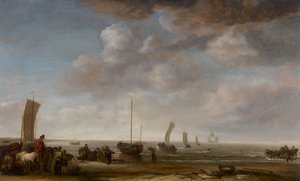 Fischer und andere Figuren an einem Strand von Simon de Vlieger