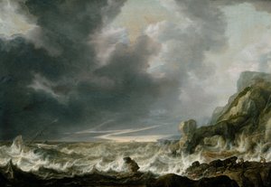 Schiff in Seenot vor einer felsigen Küste von Simon de Vlieger
