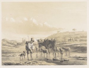 Hirtenjunge mit Herde im seichten Wasser von Simon van den Berg
