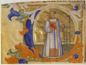 Manuskript-Illumination mit dem heiligen Laurentius in einem Initial C, aus einem Graduale, Italien, ca. 1380-90