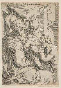 Heilige Familie mit Johannes dem Täufer, der die Hand des Jesuskindes küsst von Simone Cantarini