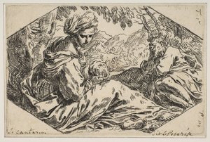 Ruhe in Ägypten, Maria hält und betrachtet das Jesuskind, während St. Joseph, ca. 1637-1639
