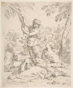 Ruhe in Ägypten, Maria stillt das Christkind, während ein Engel an Baumzweigen zieht, ca. 1639