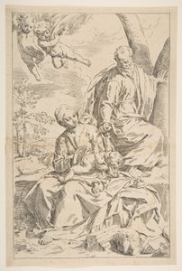 Ruhe auf der Flucht nach Ägypten, Maria hält das Jesuskind, während St. Joseph..., ca. 1639 von Simone Cantarini